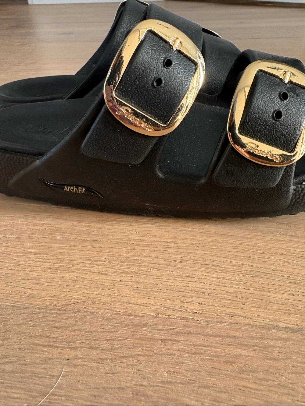 Skechers Arch fit Cali Breeze 2.0 Black Slide Sandals with Gold Buckles